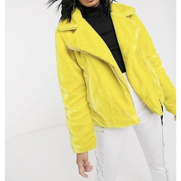 NWT Juicy Couture Black Label Womens Faux Fur Moto Jacket Size Small Yellow - Picture 1 of 12
